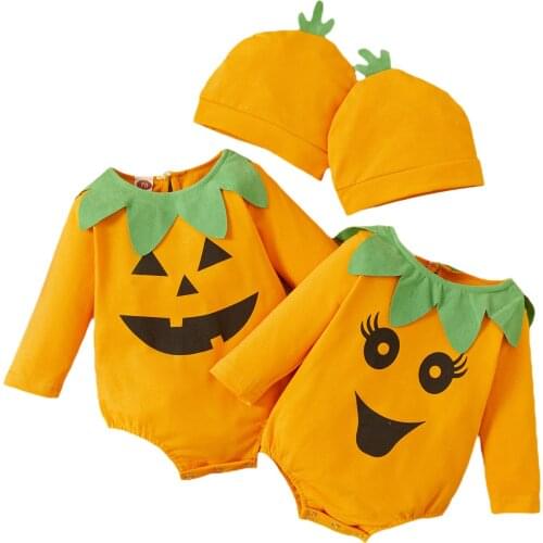 Citgeett Autumn Halloween Newborn Bay Girls Boys Outfits Print Long Sleeve Round Neck Playsuit + Hat Bodysuit Clothes