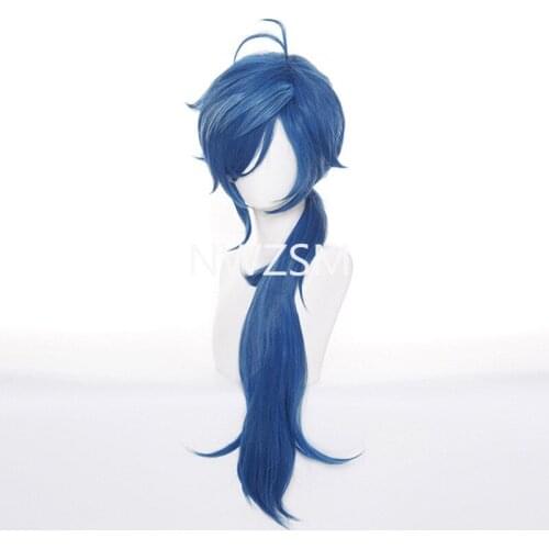 Genshin Impact Kaeya Cosplay Men 80cm Long Ink-Blue Wig Cosplay Anime Cosplay Wigs Heat Resistant Synthetic Wigs Halloween