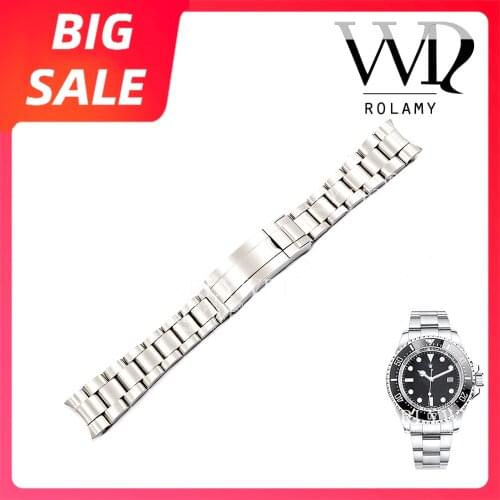 Rolamy 20 21mm Silver Solid Curved End 316L Steel Screw Links Watch Band Bracelet Glide Flip Lock Clasp For Rolex Oyster Deepsea