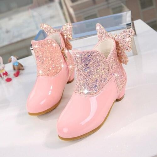 Girls Boots princess crystal butterfly high heel boots plus velvet to keep warm 7-12 years old cotton boots performance Shoes
