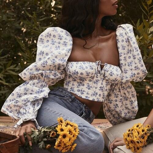 Long Puff Sleeve Top Women Floral Print Crop Top T Shirt 90s Aesthetic Clothes Streetwear Tshirt Feminine Cute Tops Tee Shirt