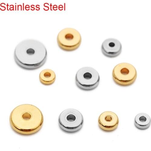 20 50pcs Stainless Steel Flat Spacer Beads Lot 4mm 5mm 6mm 8mm Golden Large Big Hole Charm Beads For DIY Bracelet Jewelry Making