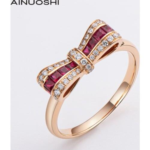 AINUOSHI 18K Rose Gold 0.35ct Natural Ruby 0.149ct Real Diamond Engagement for Promise Wedding Women Bowknot Ring Jewelry