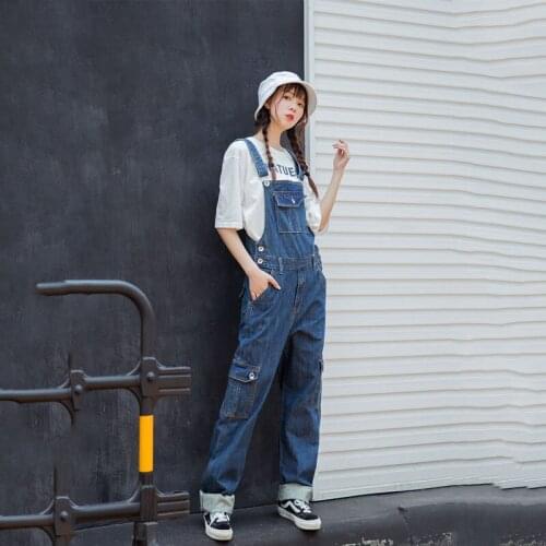 High waist Multi-pocket Denim Bib Female Port Wind Loose Straight Jumpsuit Slimming Overalls trousers More Size S-4XL 5XL