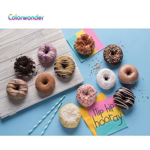 Photography Sweet Candy World Colorful Donuts 7x5ft Blue Background with Vintage Wooden Board Backdrops for National Donut Day