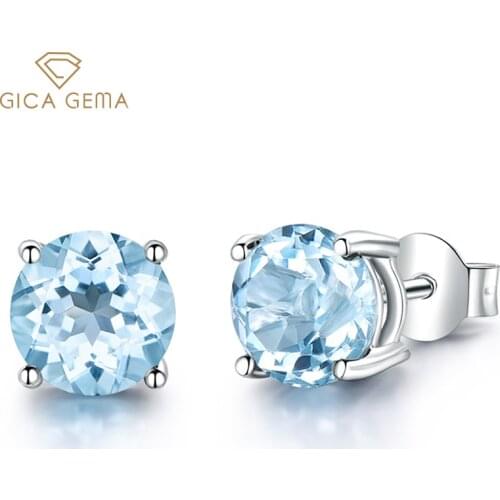 GICA GEMA 100% 925 Sterling Silver Earrings For Women Round 7mm Sky Blue Sapphire Gemstone Trendy Fine Jewelry Female Gifts