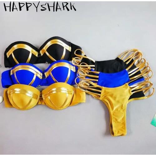HAPPYSHARK 2019 New Shiny Bandeau Bikinis Set Women Padded Brazilian Biquinis Thong Bikini Push 2 Pcs Swimwear Maillot De Bain