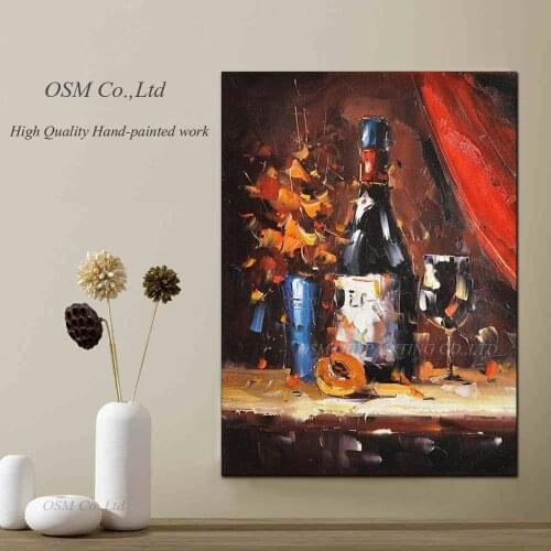 Artist Pure Hand-painted High Quality Abstract Wine Bottle Oil Painting on Canvas Wine Glass Oil Painting for Kitchen Decoration