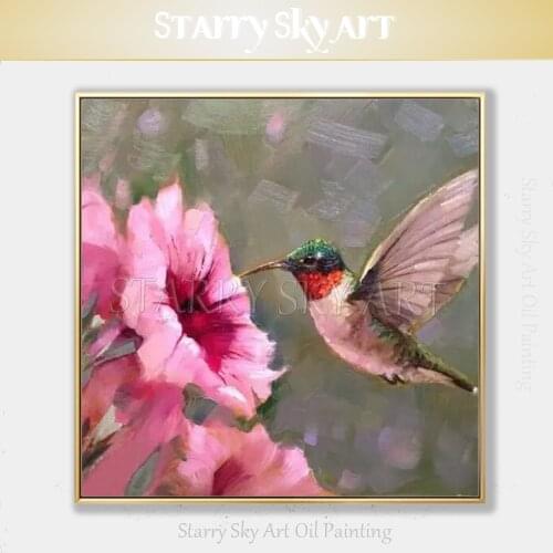 Professional Artist Pure Hand-painted Lovely Bird Hummingbird Acrylic Painting on Canvas Flying Animal Bird Hummingbird Painting