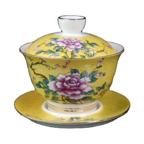 Chinese old porcelain Cover bowl with yellow ground and pastel floral pattern Chinese Tea Bowl