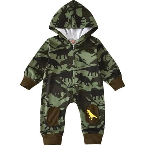 0-12M Newborn Baby Boy Girl Long Sleeve Dinosaur Print Zipper Hooded Romper Jumpsuit Outfits Autumn Clothes