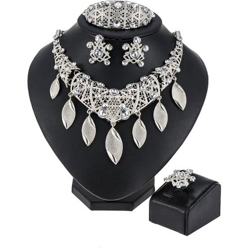Fashion Vintage Silver Plated African Bridal Costume Jewelry Sets Nigerian Wedding Water Drop Crystal Necklace Earrings Set