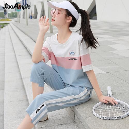 Summer Sports Suit Women Tracksuit 2021 New Cotton O-Neck Casual Top Pants Two-piece Girl Plus Size Short-sleeved Shorts Set