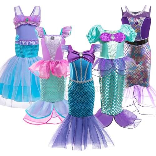 Girls Little Mermaid Fancy Dress Up Outfit Kids Halloween Princess Costume Children Girl Summer Clothes for Carnival Fairy Dress