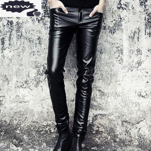 Punk Mens Slim Fit Trousers Motorcycle Skinny Faux Pencil Fashion Black Full Length PU Leather Pants Free Shipping