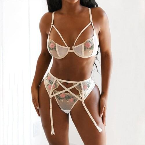New Embroidered Flower Sheer Mesh Erotic Lingerie Set Womens Lace Breathable Gathered Underwire Bra and Garter Panties 3PS
