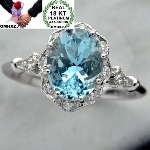 OMHXZJ Wholesale European Fashion Woman Man Party Wedding Gift Oval Blue White AAA Zircon 18KT White Gold Rose Gold Ring RR458