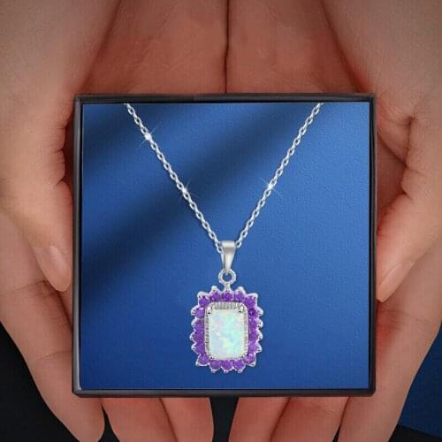 ROLILASON Romantic Purple Zircon for Elegant Women White Fire Opal Silver Stamped Pendant Fashion Jewelry OPS676