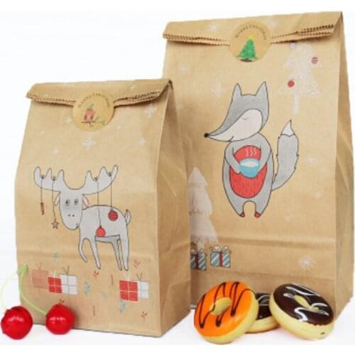 12pcs Christmas Kraft Paper Bag Xmas Stickers Set Fox Moose Gift Paper Bag Stickers Xmas Candy Food Cookies Packing Paper Bags