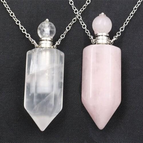 Natural Crystal Hexagonal Perfume Bottle Pendant Necklace Fluorite Pendant Essential Oil Jar Chain Necklace
