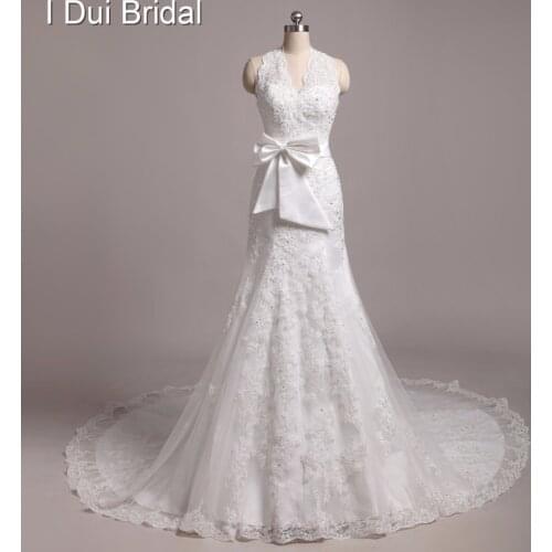 Custom Made Halter Wedding Dresses Halter V Neckline Bow Tie Bridal Gown