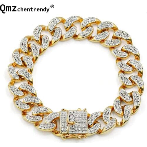 Top Quality Men Bling Iced Out Curb Cuban Chain Bracelets Copper Lab Full Rhinestone Clasp Gold Chain Link CZ Women Bangles