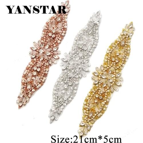 YANSTAR Wholesale 30PCS Rhinestone Applique Accessorie For Wedding Dress Belts Clear Rose Gold Crystal Iron On Bridal Gown YS890