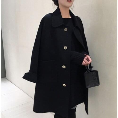 Women 2020 Autumn Winter Wool Blended Coat Turn Down Collar Single Breasted Pocket Slim Black Woolen Outwear Female Abrigos Z805