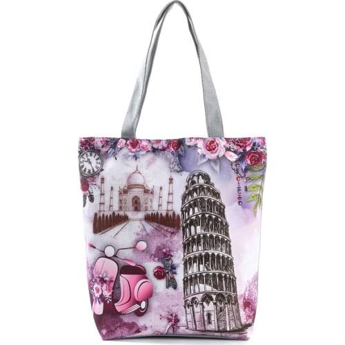 Building Leaning Tower of Pisa Printed Women Shoulder Bag Floral Large Capacity Shopping Bag Ladies Eco Reusable Tote Wholesale