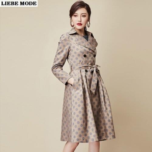 British Style Womens Fashion Polka Dot Trench Coat for Women Elegant A Line Windbreaker with Sashes Ladies Long Outerwear