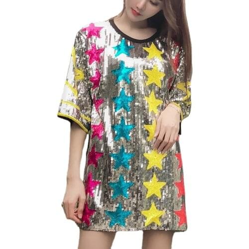 Five-pointed Star Sequined T Shirts Women Bling Bling Show Club Shirts for Women Long Shiny Tees Tops