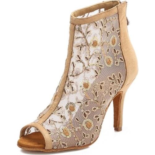 Practice Women`s Social Ballroom Latin Salsa Dance Boots 8.5cm Plant Print Air-mesh Party Dancing Shoes with Tan Flock Back Heel