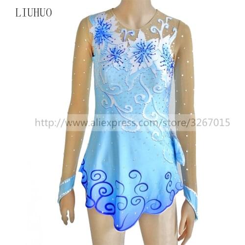 Figure Skating Dress Customized Competition Ice Skating Skirt for Girl Women Rhythmic Gymnastics blue Beautiful flower line