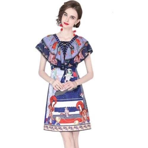 Runway Summer Dress Women Fashion Sweet Empire Ruffles Neck Slim Mini Short Animals Dresses Female