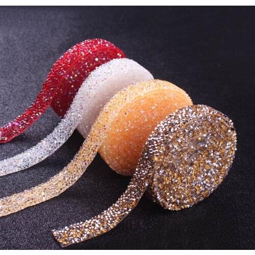 1Yard Hot Fix Glitter Dress Rhinestones Motifs Ribbon Crystal Iron On Patches Applique Hotfix Strass Wedding Dress Accessories
