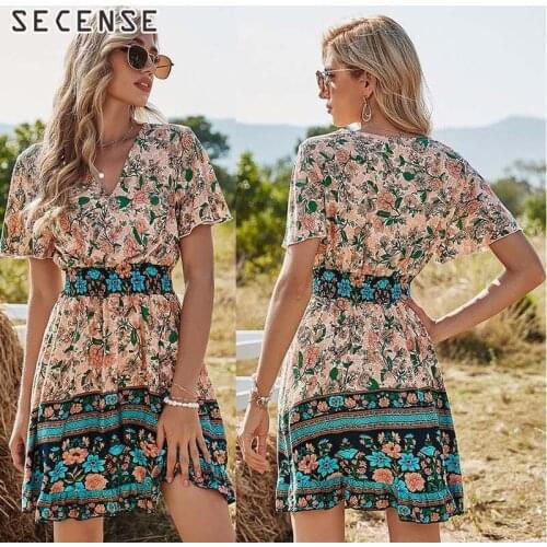 2021 New Bohemia Floral Casual Mini Dress V-Neck Short-Sleeved Dresses Summer Boho High Waist Beach A-Line Short Skirt Fashion