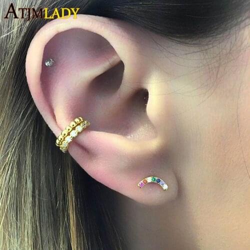 925 sterling silver minimal delicate colorful raiwbow cz circle wave shape earring stud mini small girl women silver earrings