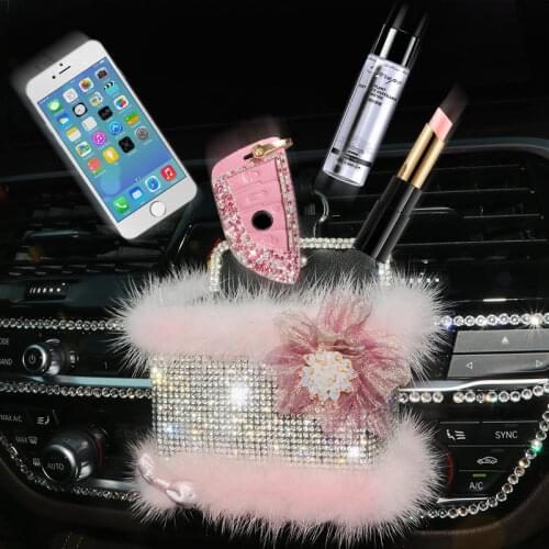 Diamond Car Storage Box Mink hair Air conditioning outlet decoration Bag Outlet Air Vent Hanging Box Car Mobile Phone Bag Pouch