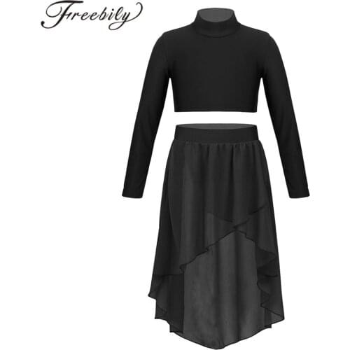 Kids Girls Ballet Dance Gymnastics Costume Outfits Long Sleeves Crop Top With Chiffon Skirts Set Stage Lyrical Dance Wear