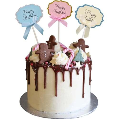Happy Birthday Cake Topper Paperboard Flag for Birthday Baby Shower Kids Party Favor Decoration Letter Flag Sticks With Bow