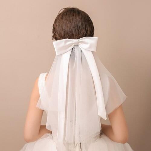 HONGFUYU Unique Wedding Hair Accessories Bowknot Ribbon Short Tulle Bridal Veils Cut Edge