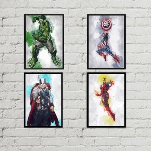Marvel Superhero Avengers Watercolor Poster Iron Man Canvas Painting Cracked Background Wall Art Pictures for Home Decor