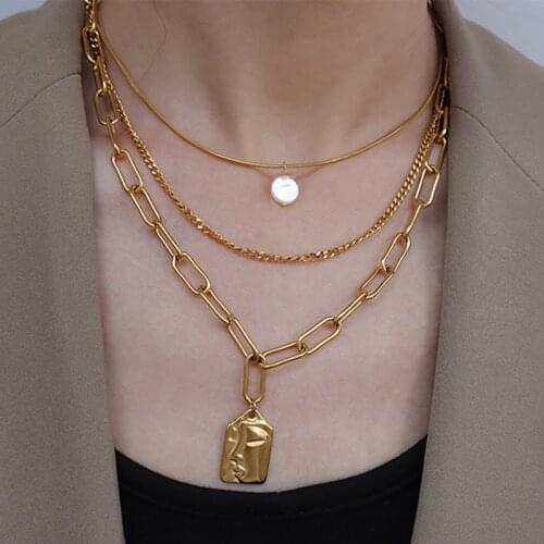 Lifefontier Vintage Multilayer Chain Necklace for Women Geometric Pendant Pearl Chokers Gold Color Metal Chain Necklaces Jewelry