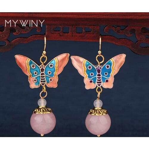 MYWINY 5 colors nature stones dangle ethnic shiny earrings vintage fashion cloisonne butterfly jewelry
