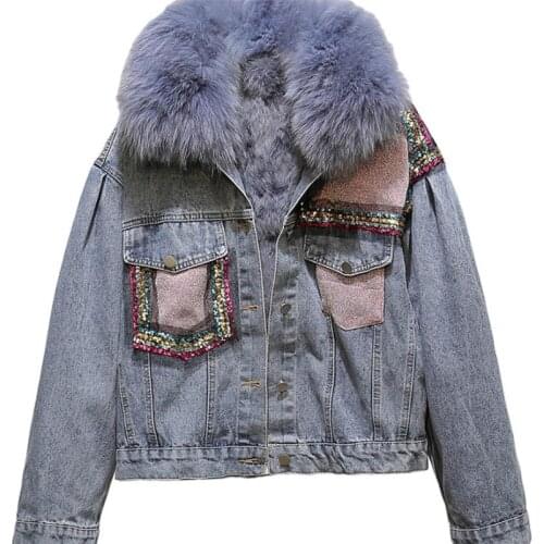 2021 New Winter Korean Short Parkas Detachable Rabbit Fur Liner Thick Plus Fleece Denim Jacket Womens Sequins Warm Jean Coat