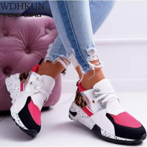 New Fashion Womens Sneakers Leopard Print Leather Thick Bottom Increased Sneakers Casual Comfortable Sports Shoes for Ladies