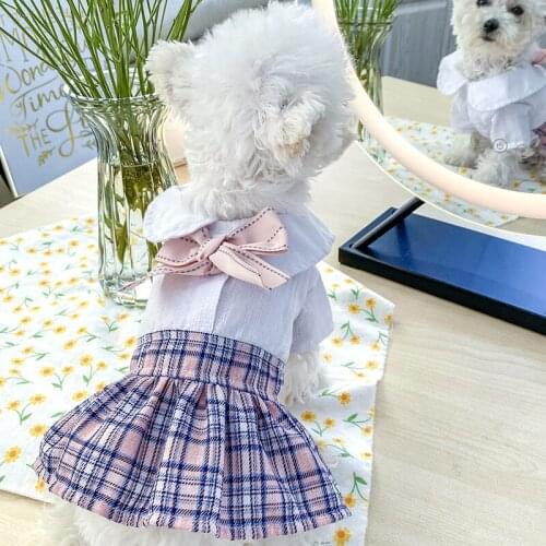Pet Clothes Cute Plaid Bowknot Student Dress for Pet Dog Cat Spring Summer Princess Skirt Puppy Kitten Birthday Plaid Bow Dress