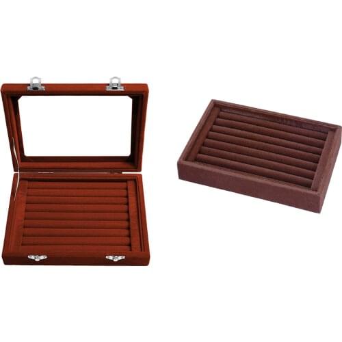 SZanbana Earring Storage 7Slots Velvet Jewelry Tray Drawers Glass Lid Showcase Display Ring Organizer Ring Holder Cufflink-Brown