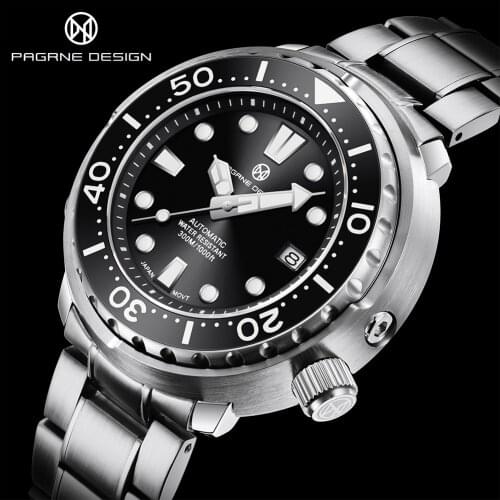 PAGRNE DESIGN Top Brand Stainless Steel Automatic Diving Watch 300m Waterproof Fashion Ceramic Bezel Men Mechanical Wristwatches