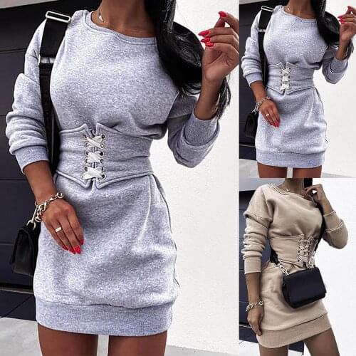 Dresses for Women 2021 Spring Autumn Dress Womens Sexy Solid O-Neck Waist Retraction Bandage Long-sleeved Mini Dress vestidos